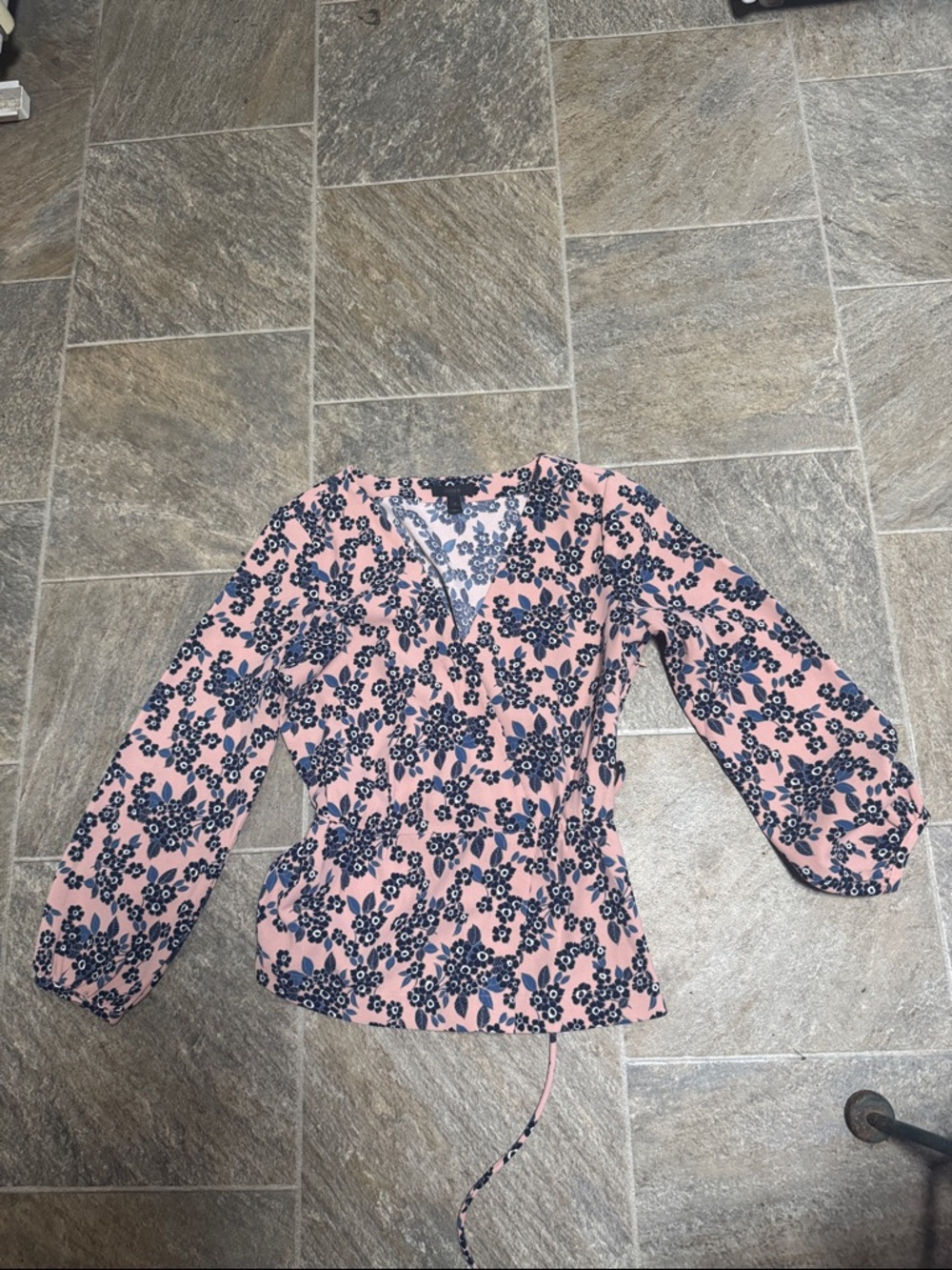 J. Crew Pink Floral Wrap-Front Blouse with Navy Pattern